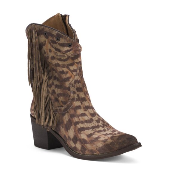 CIRCLE G Brown Camo Haircalf Embroidered Slouch And Fringe Pointed Toe Boots